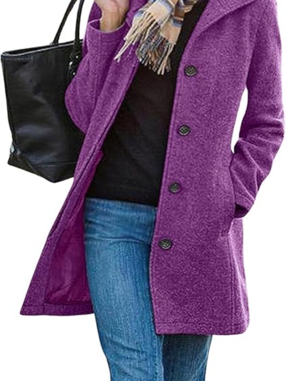 Women's Casual Thicken Wool Blend Pea Coat Stand Collar Single Breasted